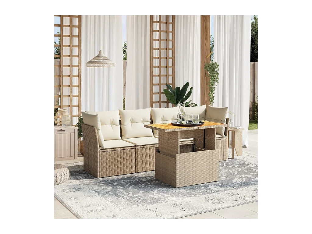 5-delige Loungeset met kussens poly rattan beige