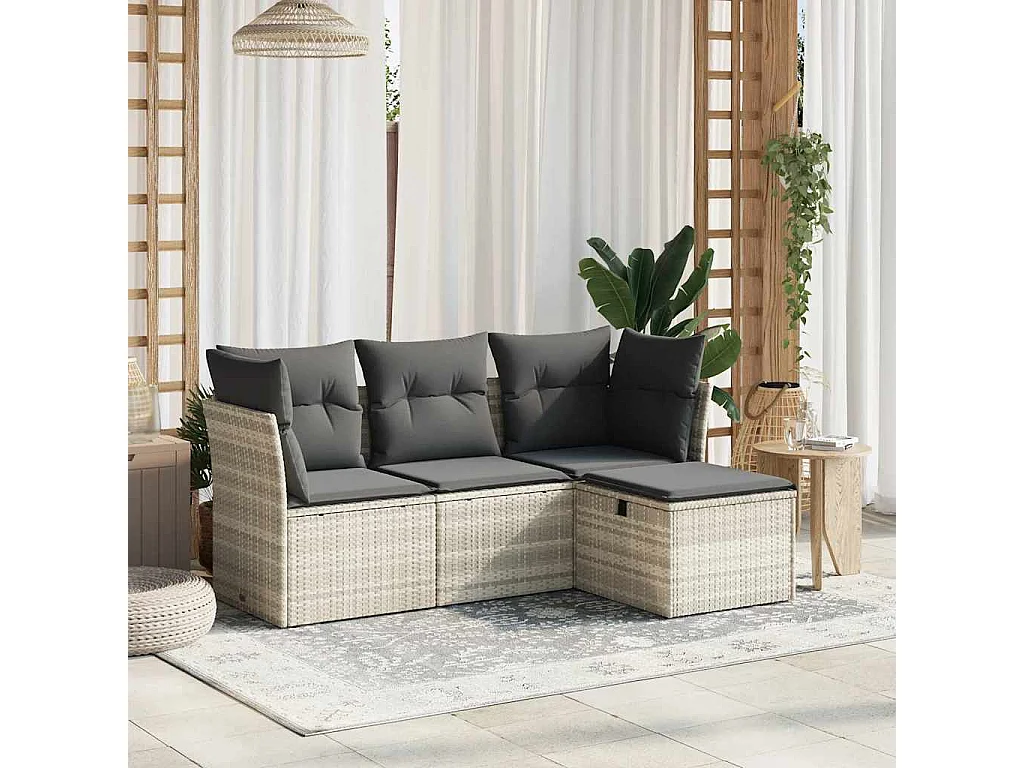 Set de sofás de jardín 4 piezas y cojines ratán sintético gris