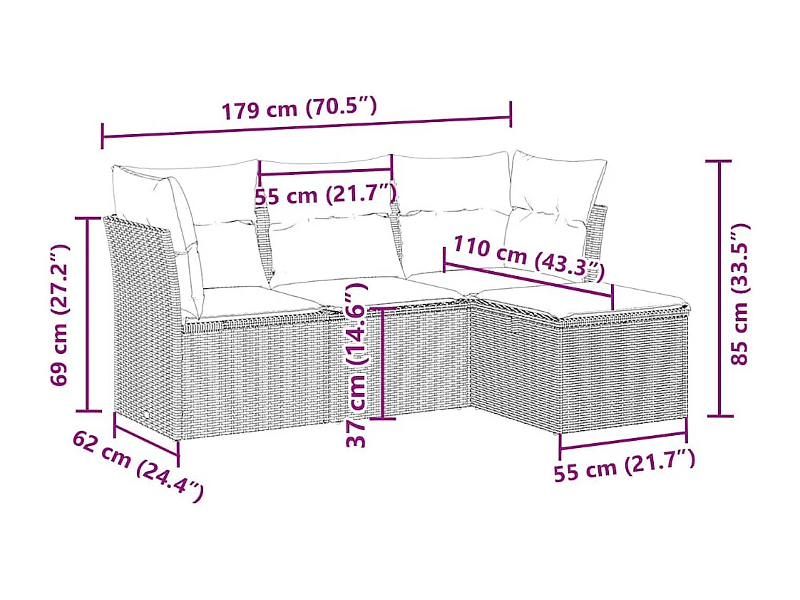 Set de sofás de jardín 4 piezas y cojines ratán sintético gris
