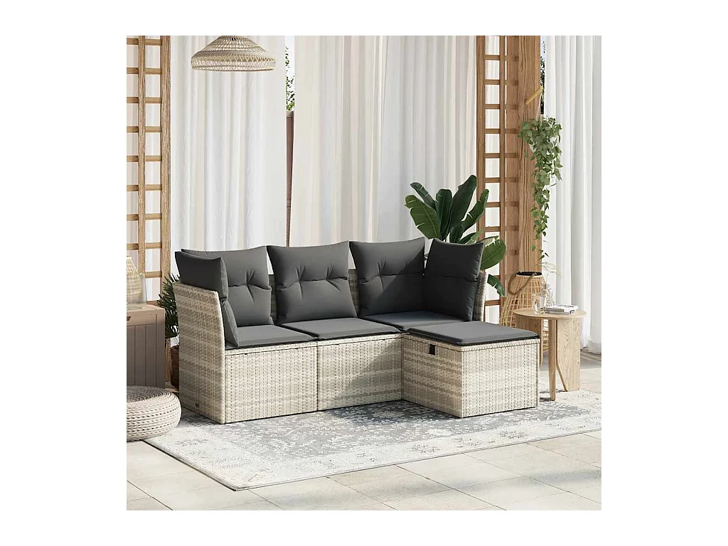 4-delige Loungeset met kussens poly rattan lichtgrijs