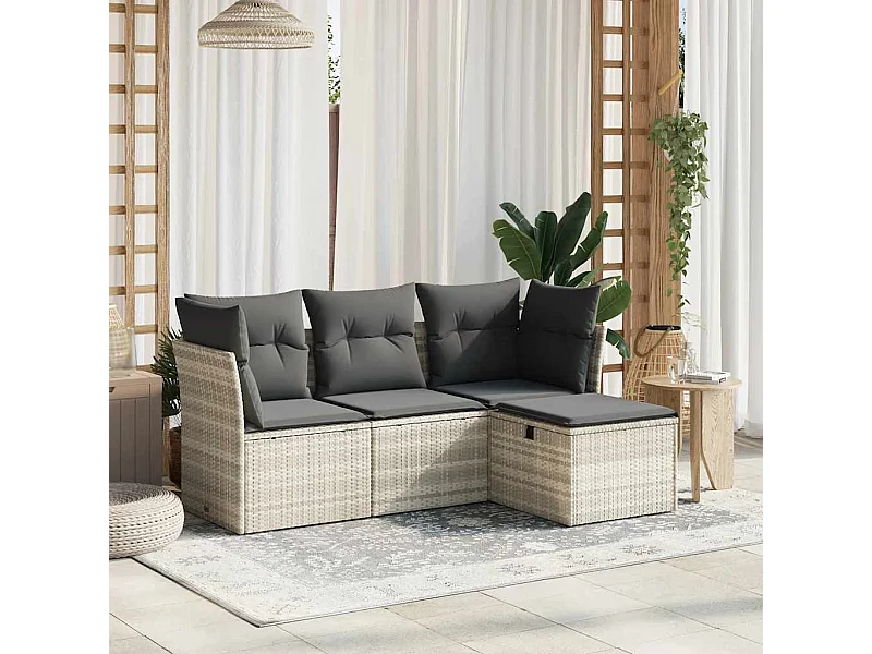 Salon de jardin 4 pièces avec coussins gris clair résine tressée