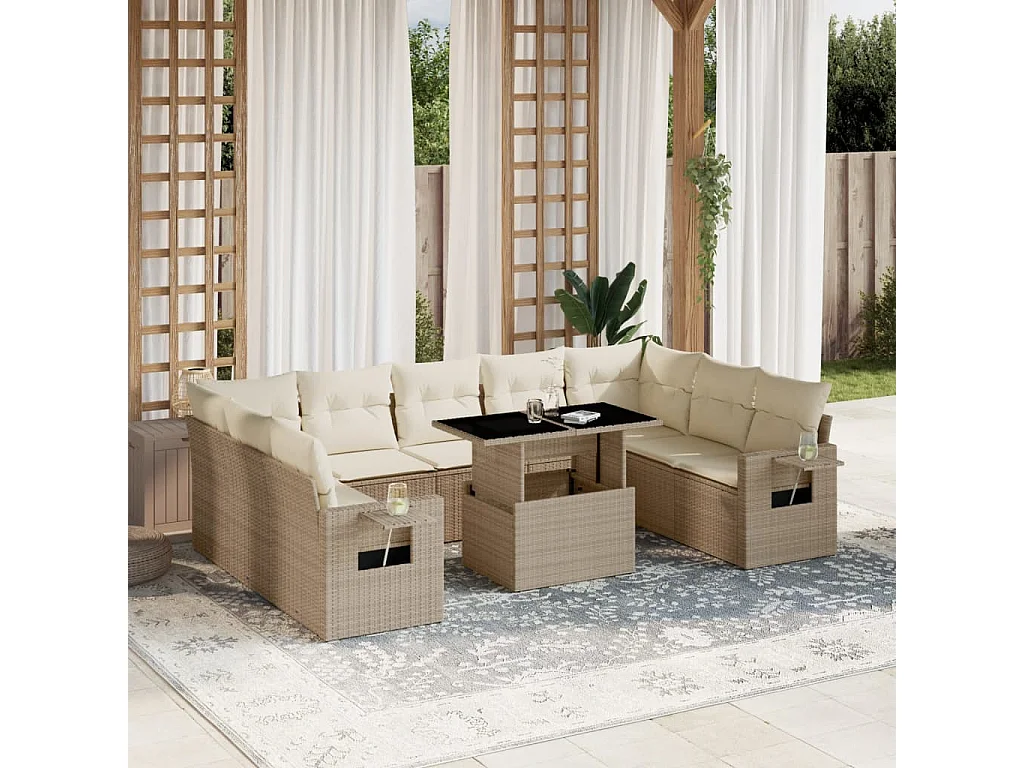 10-delige Loungeset met kussens poly rattan beige