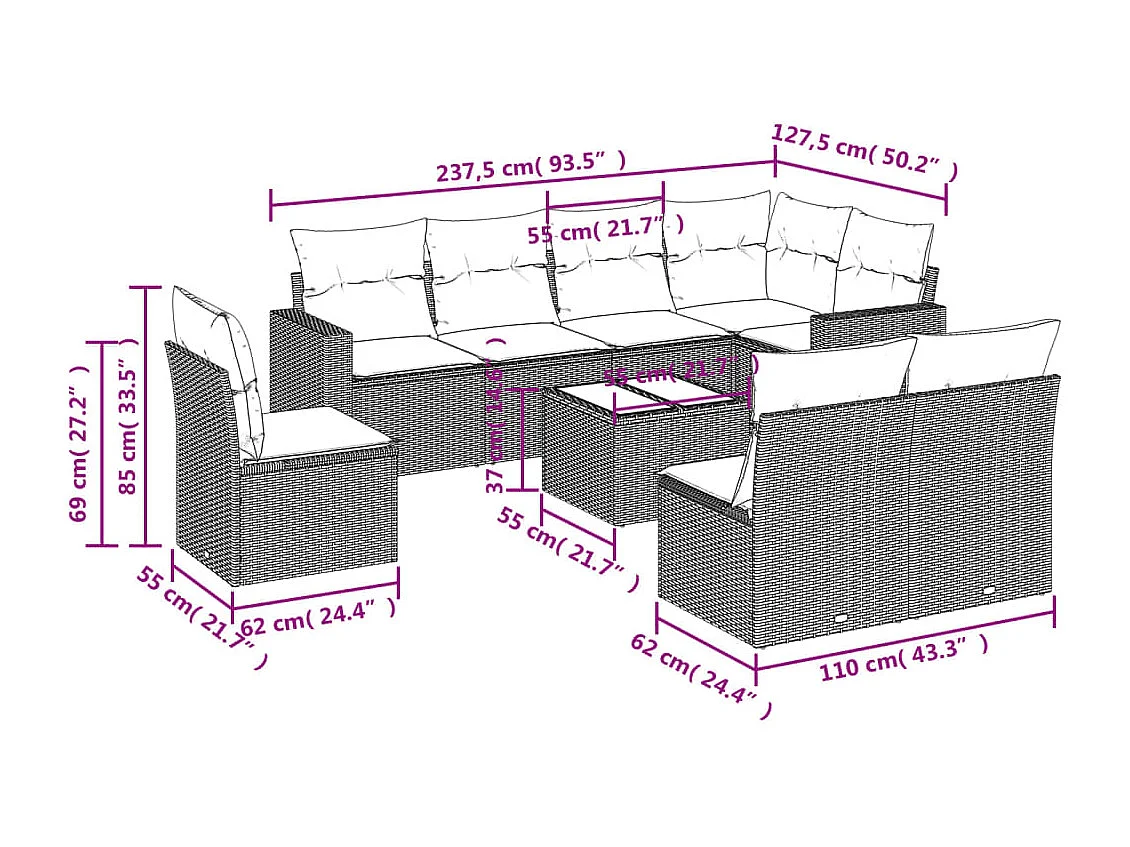 Set muebles jardín 9 piezas y cojines ratán sintético gris claro