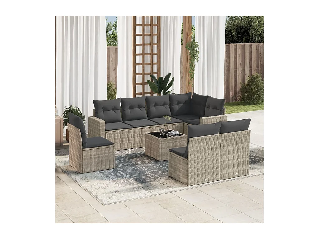 9-delige Loungeset met kussens poly rattan lichtgrijs
