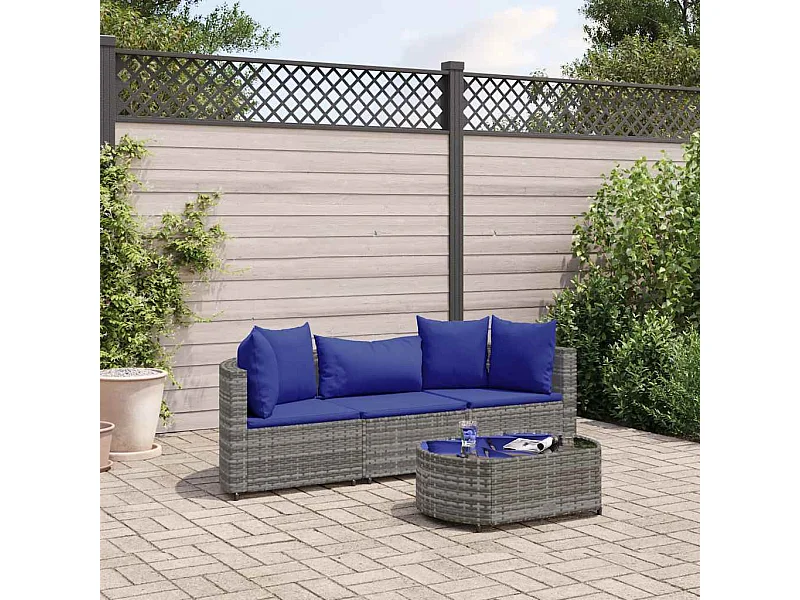 4 peças conjunto sofás de jardim com almofadões vime PE cinzento