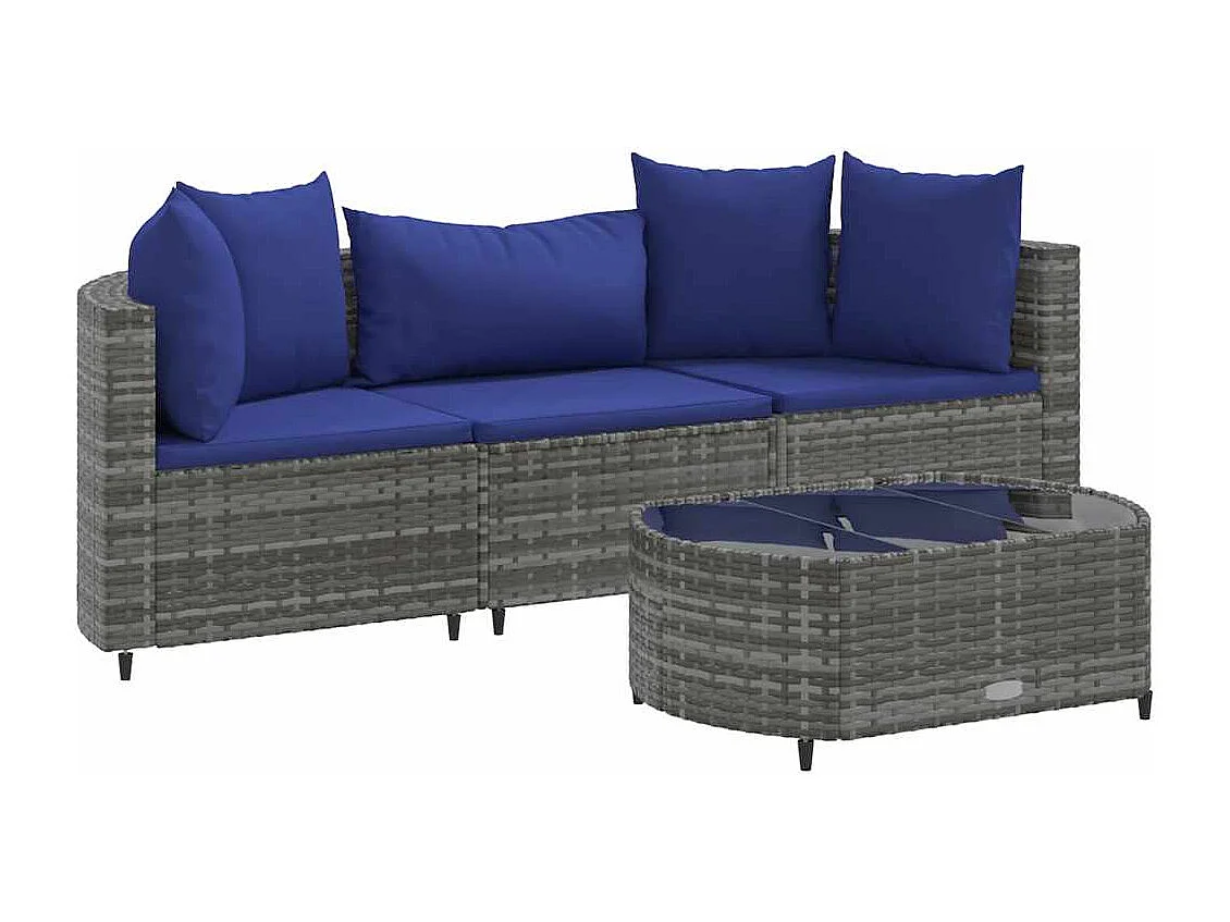 Salon de jardin 4 pièces avec coussins gris résine tressée