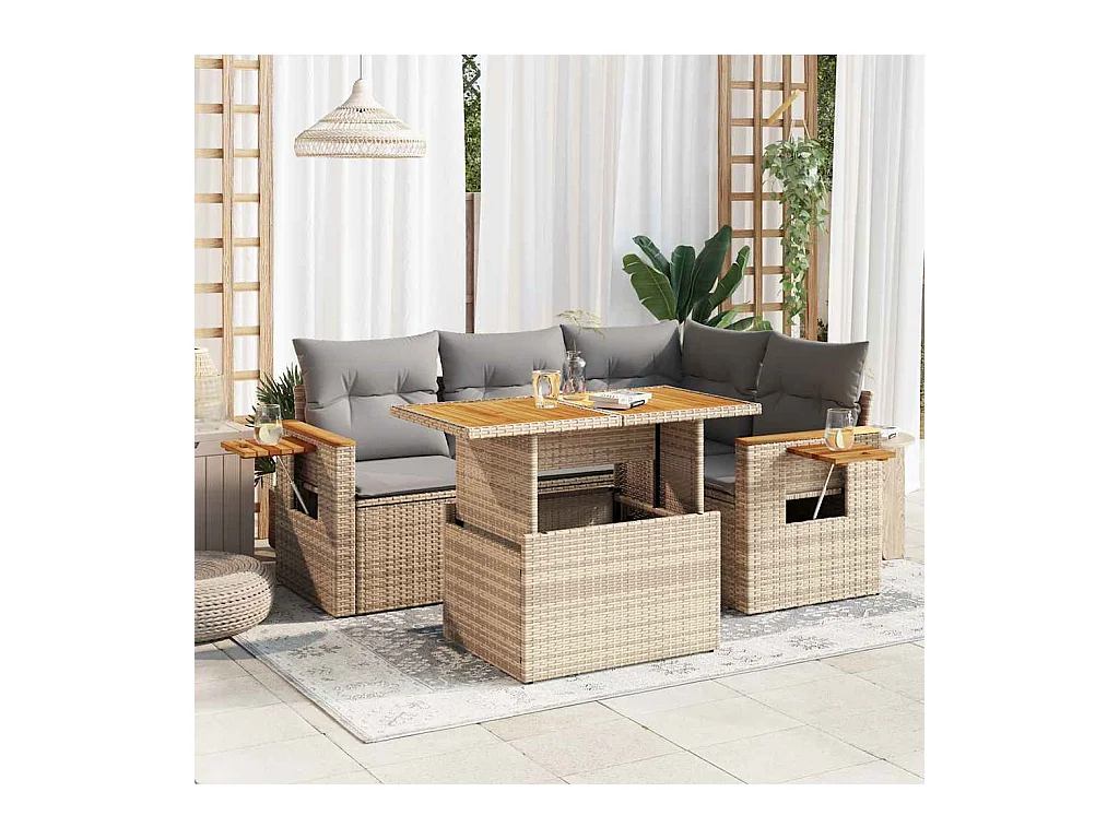 Salon de jardin avec coussins 4 pièces beige résine tressée acacia