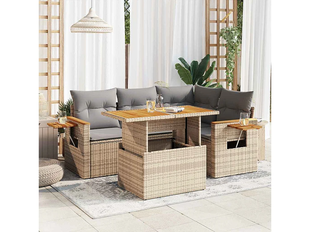 5-delige Loungeset met kussens poly rattan en acaciahout beige