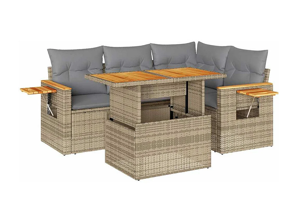 5-delige Loungeset met kussens poly rattan en acaciahout beige