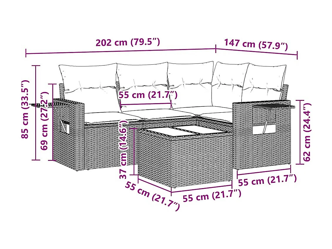 Set de sofás jardín y cojines 5 piezas ratán sintético gris claro