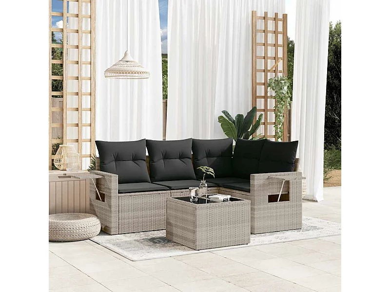 Set de sofás jardín y cojines 5 piezas ratán sintético gris claro