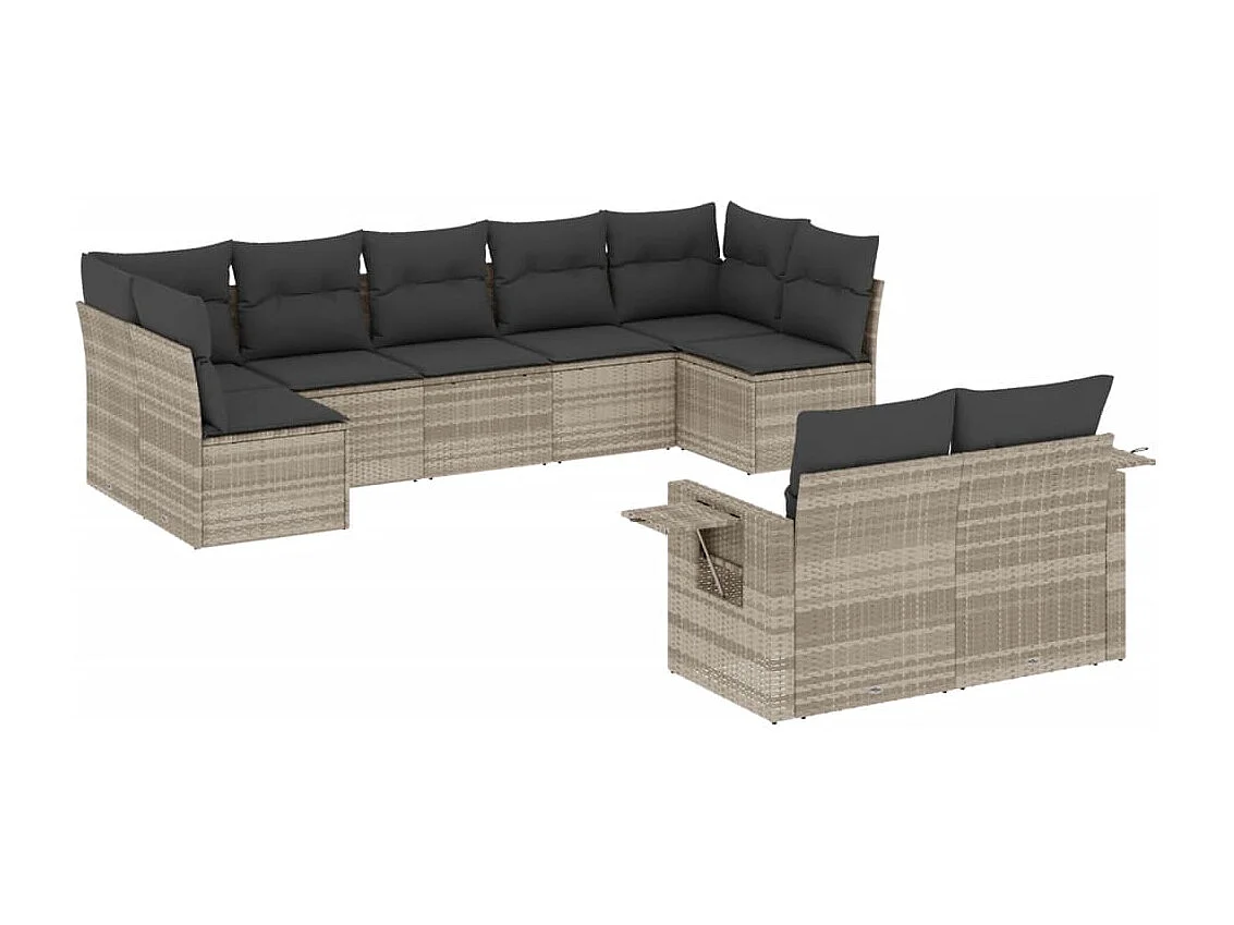 9 peças conj. sofás jardim com almofadões vime PE cinzento-claro