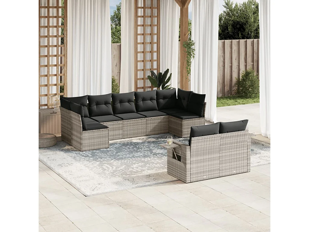 Salon de jardin 9 pièces avec coussins gris clair résine tressée