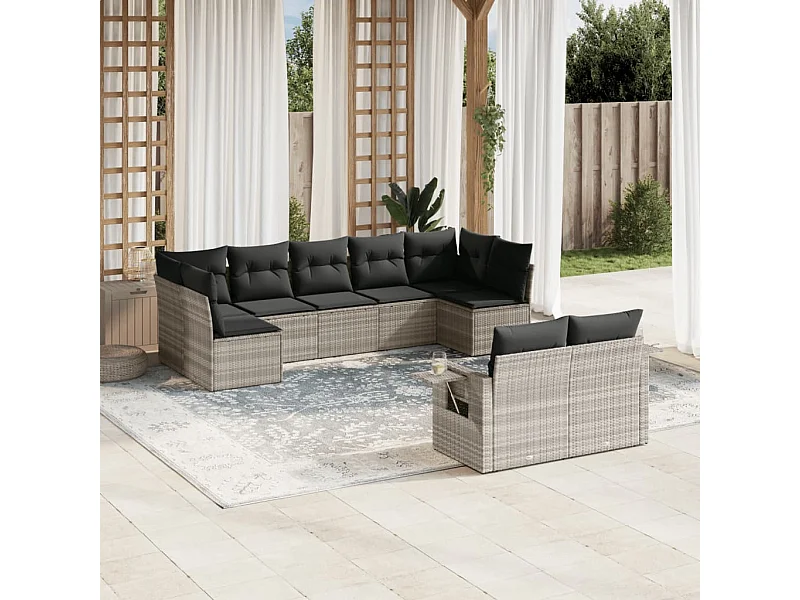 Salon de jardin 9 pièces avec coussins gris clair résine tressée