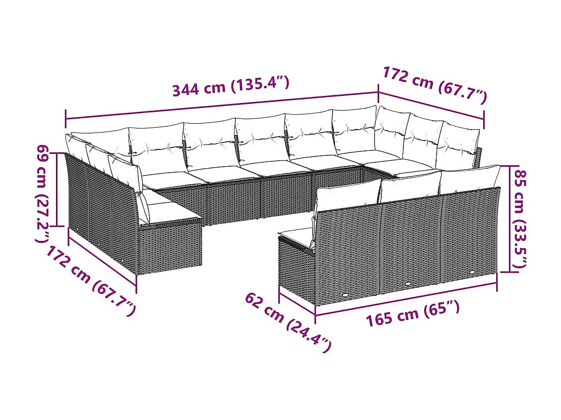 Set sofás de jardín con cojines 13 piezas ratán sintético gris