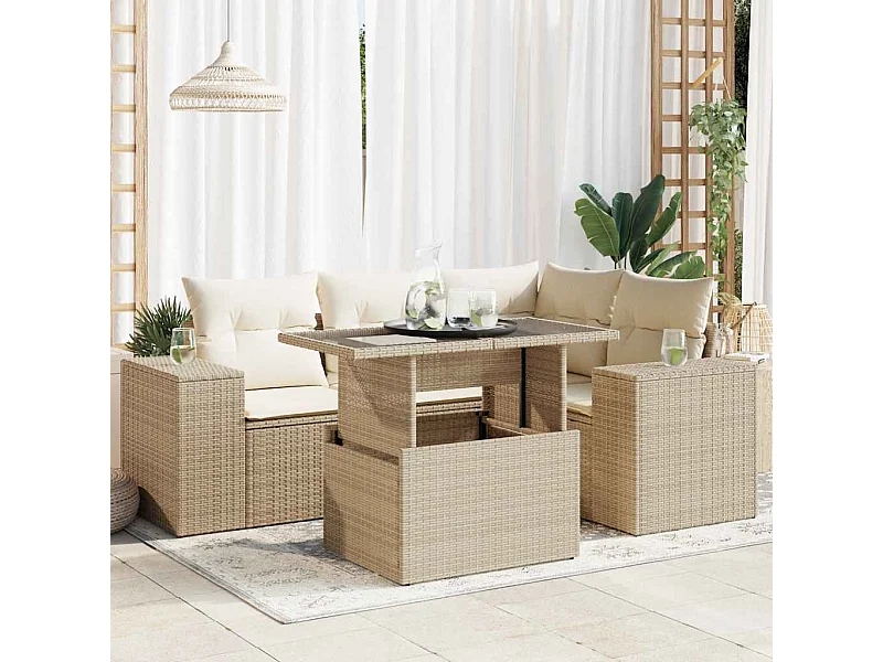 Salon de jardin avec coussins 5 pièces beige résine tressée