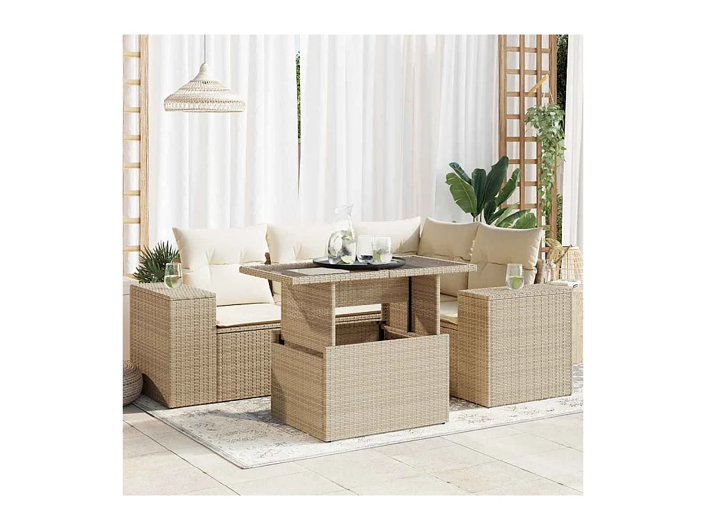 Salon de jardin avec coussins 5 pièces beige résine tressée