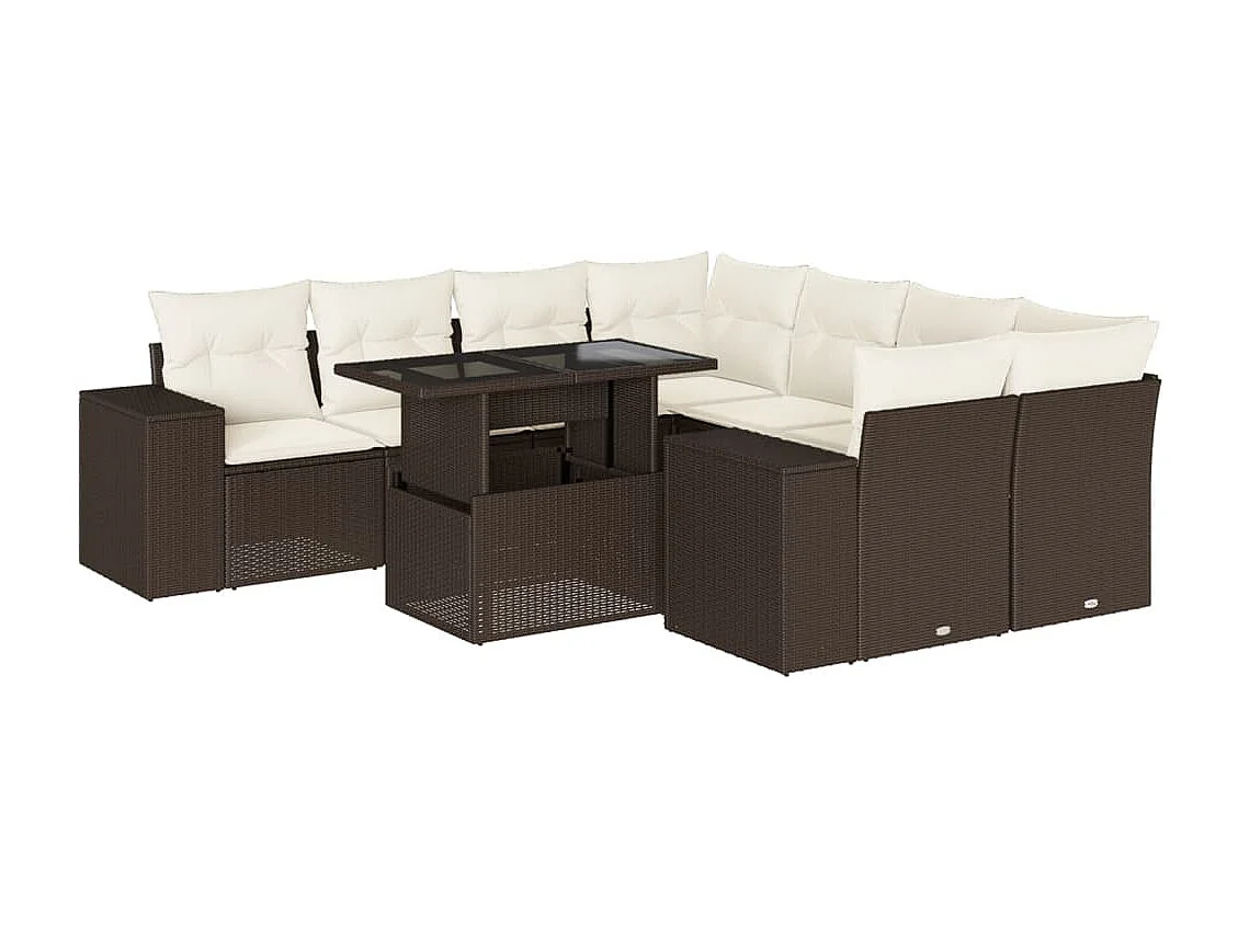 Set de sofás de jardín 9 piezas y cojines ratán sintético marrón