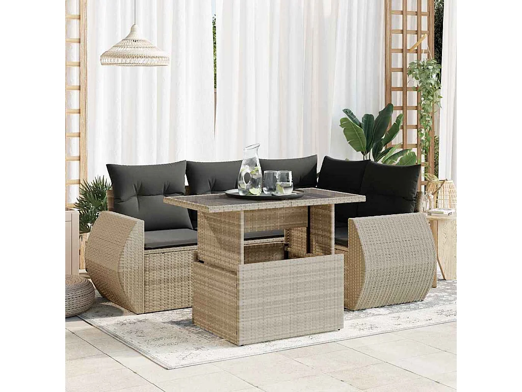 Salon de jardin 5 pièces avec coussins gris clair résine tressée