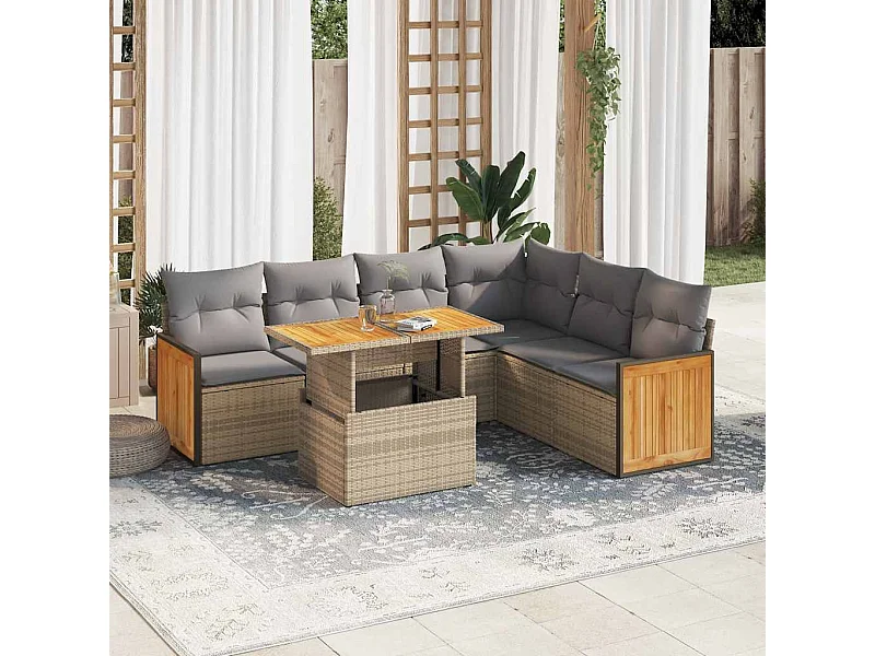 Set sofás jardín y cojines 7 piezas ratán sintético acacia beige