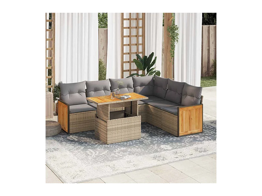 7-delige Loungeset met kussens poly rattan acacia beige