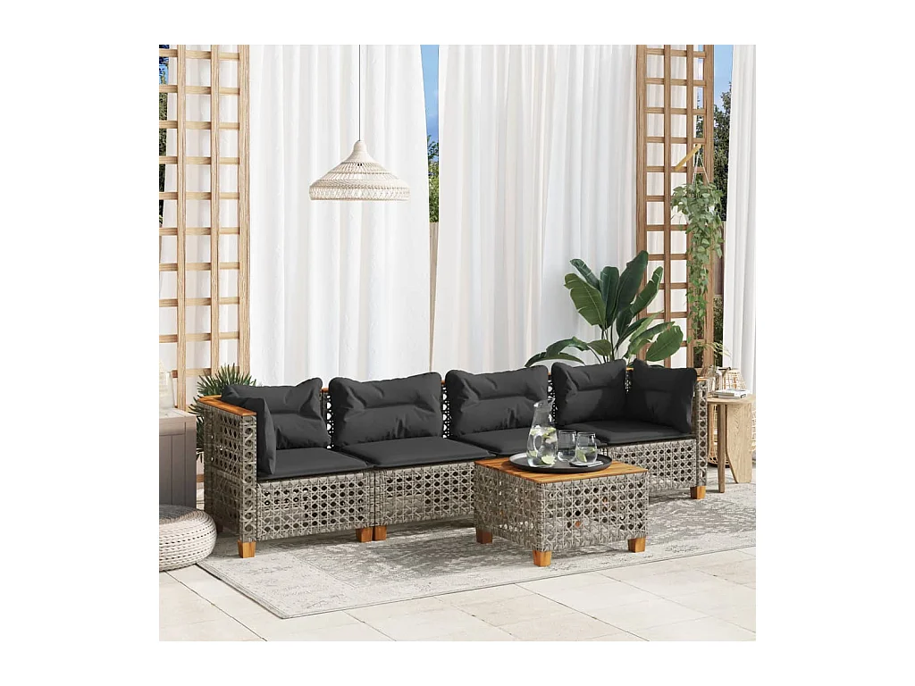 Salon de jardin 5 pièces avec coussins gris résine tressée
