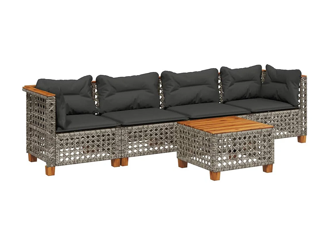 5-delige Loungeset met kussens poly rattan grijs