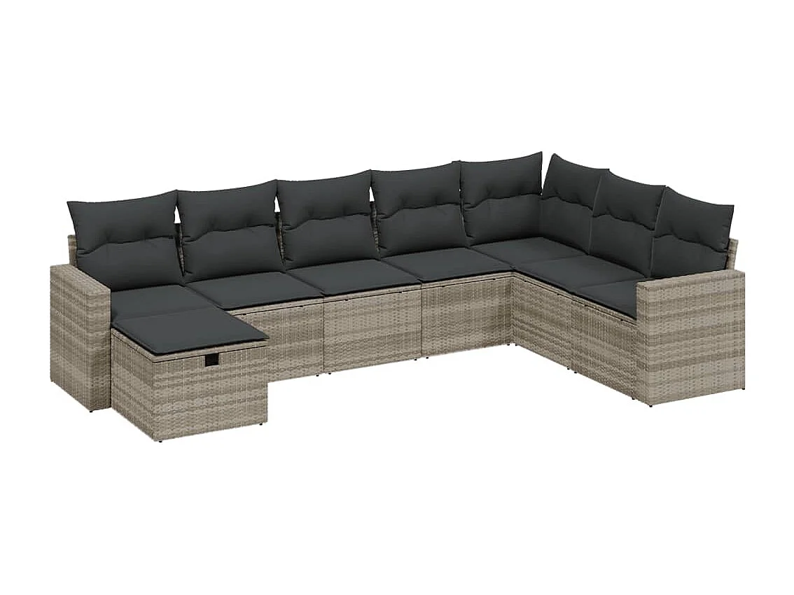 Set de sofás de jardín 8 piezas y cojines ratán sintético gris
