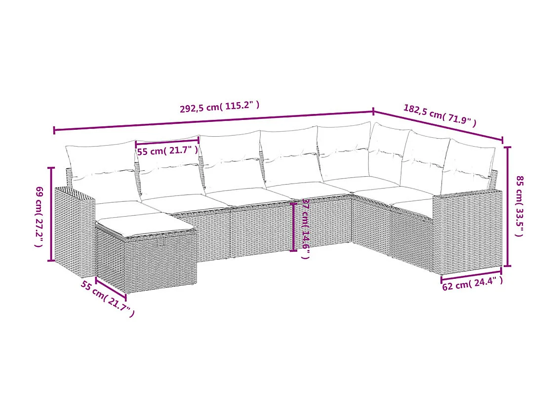Set de sofás de jardín 8 piezas y cojines ratán sintético gris
