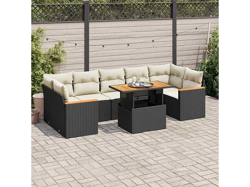 Set sofás jardín y cojines 7 piezas ratán sintético acacia negro