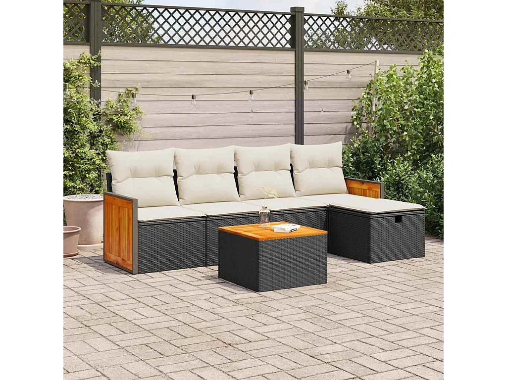 Set de sofás de jardín 6 piezas y cojines ratán sintético negro