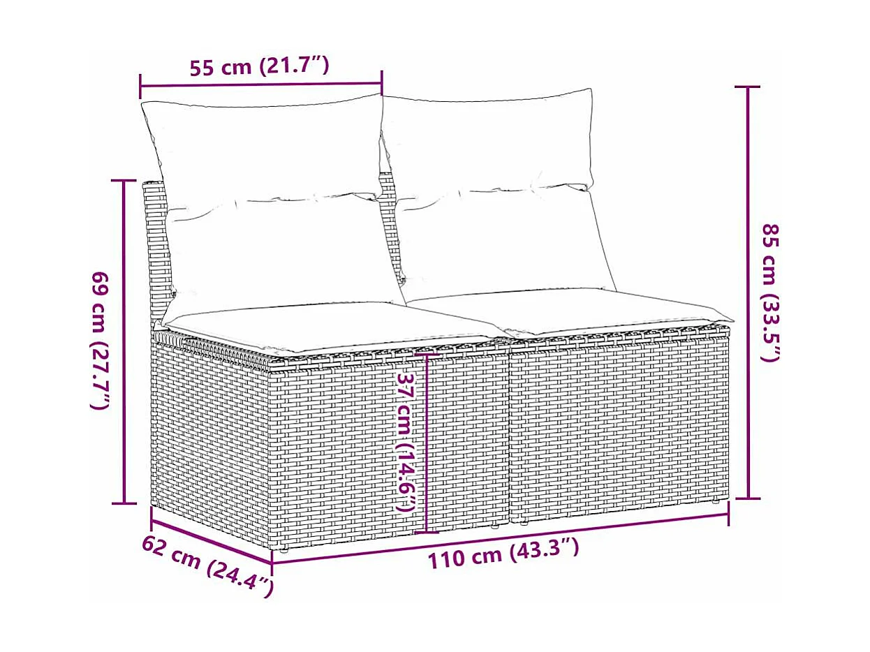 2-delige Loungeset met kussens poly rattan acacia zwart