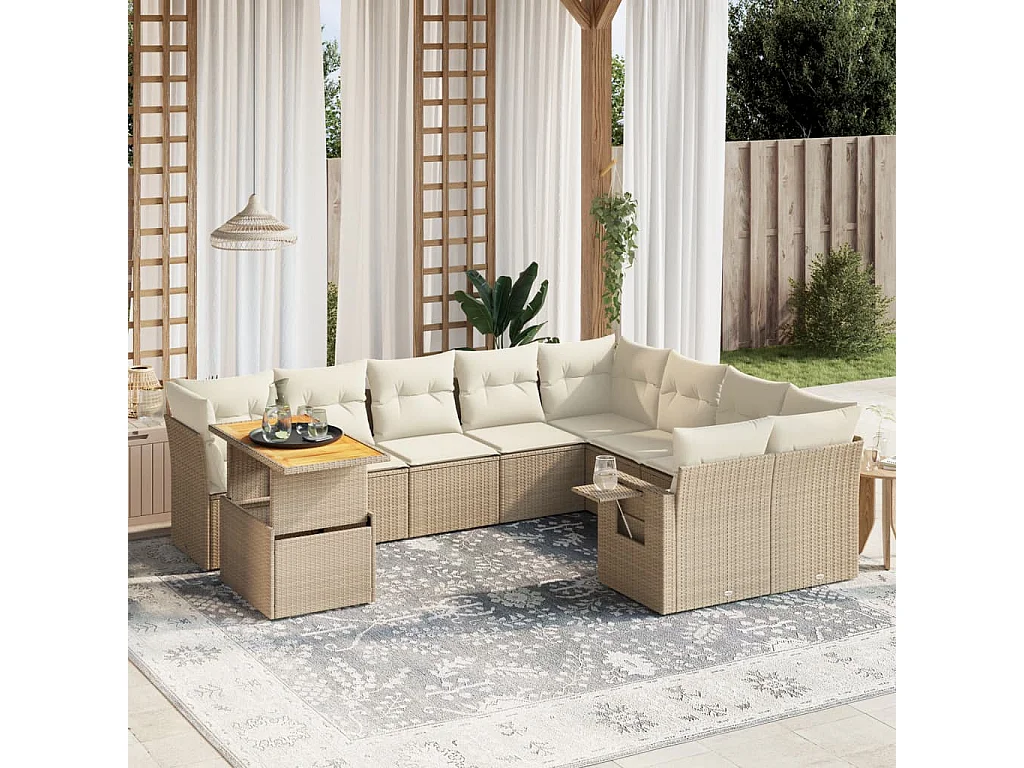 10-delige Loungeset met kussens poly rattan beige