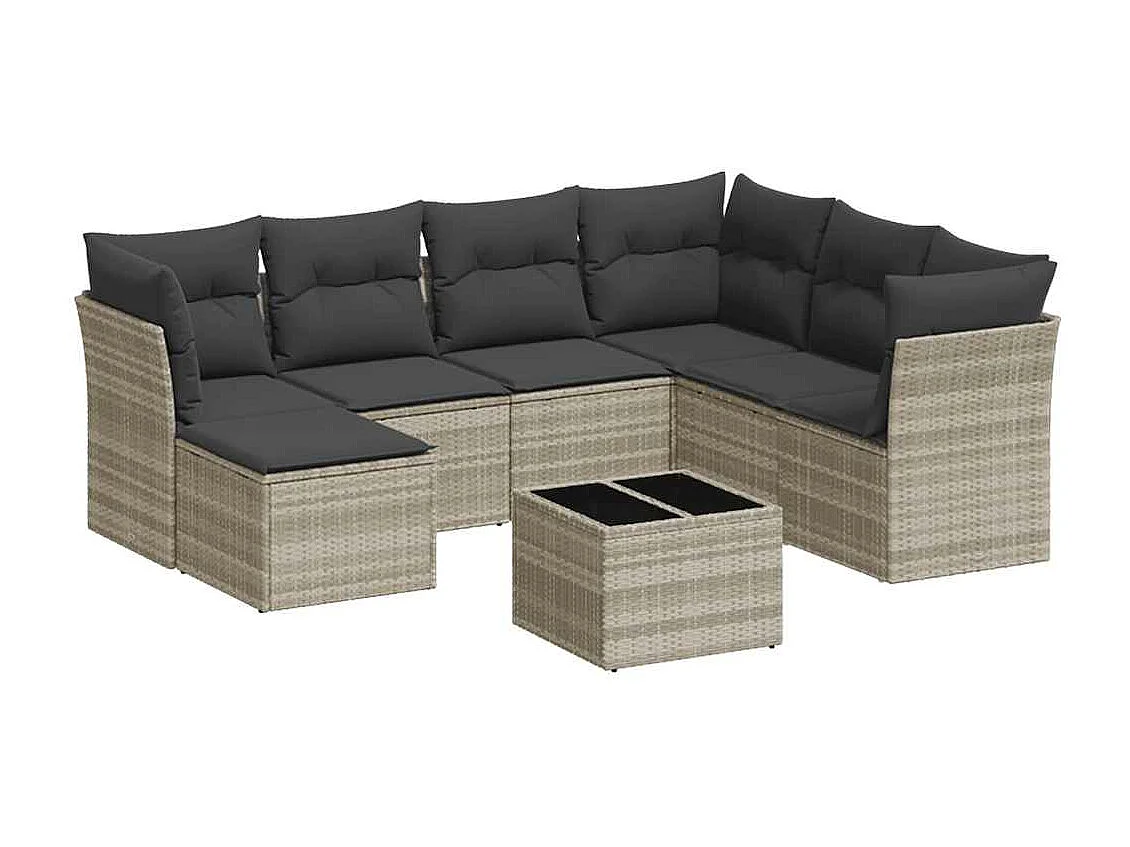 8-delige Loungeset met kussens poly rattan lichtgrijs