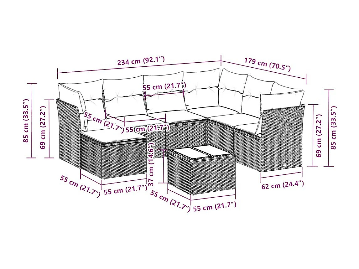 8-delige Loungeset met kussens poly rattan lichtgrijs