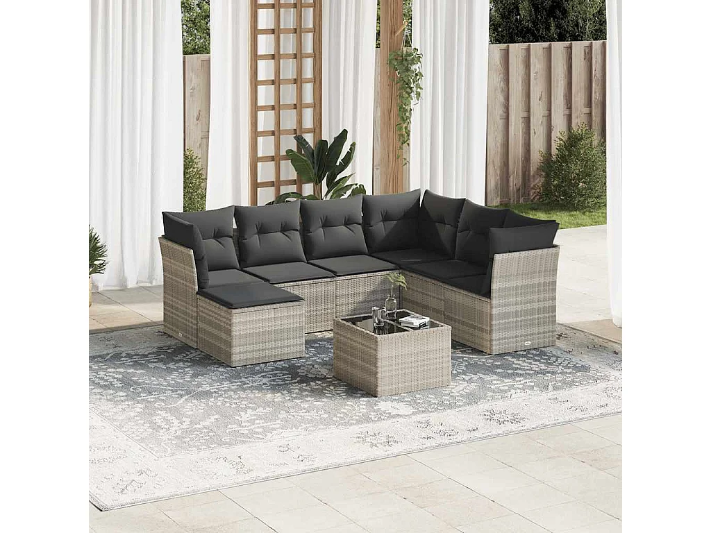 Salon de jardin 8 pièces avec coussins gris clair résine tressée