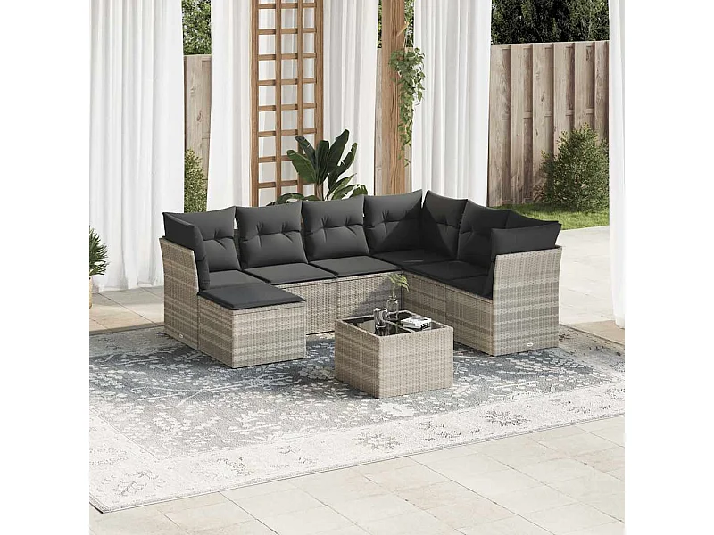Salon de jardin 8 pièces avec coussins gris clair résine tressée