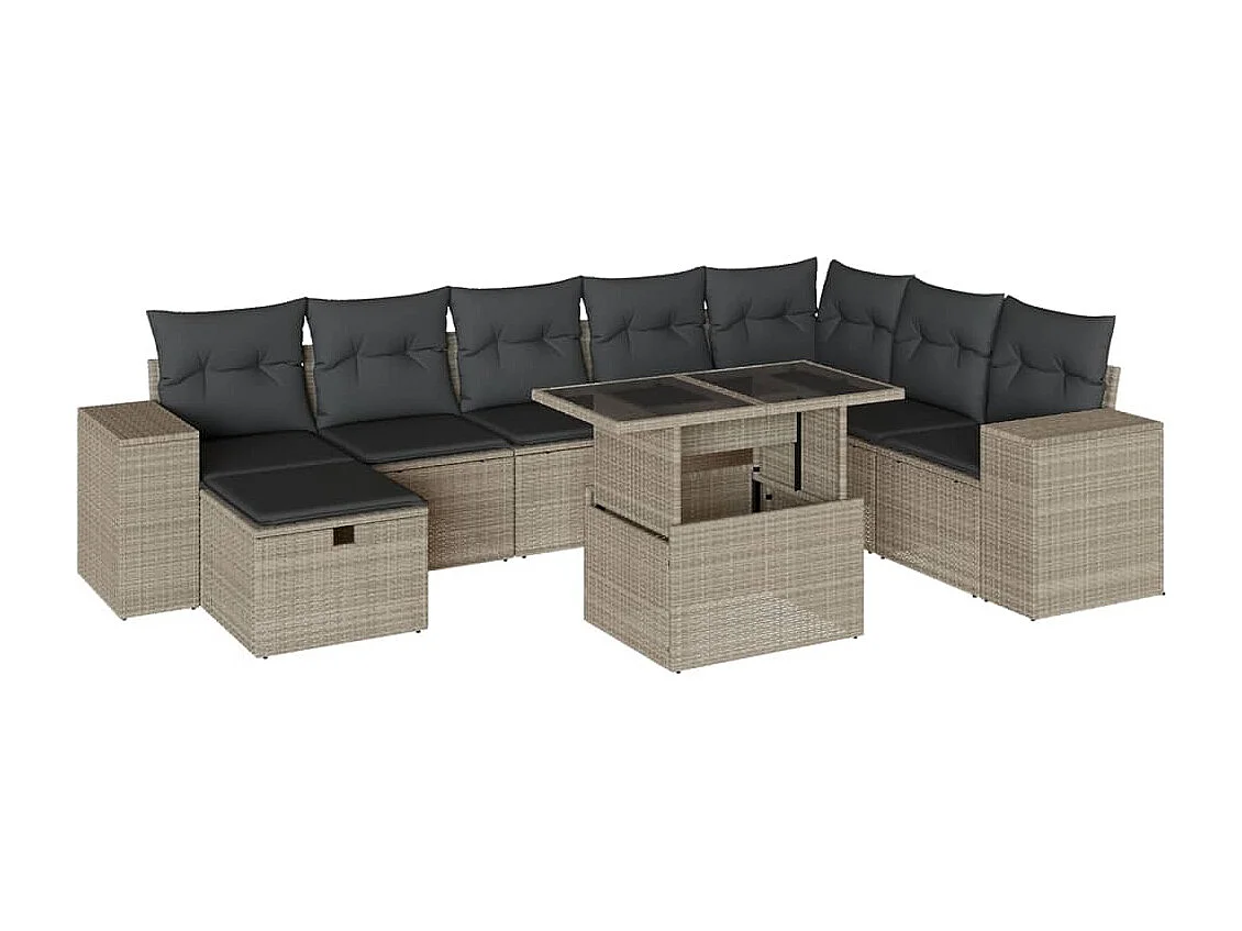 Salon de jardin 9 pièces avec coussins gris clair résine tressée