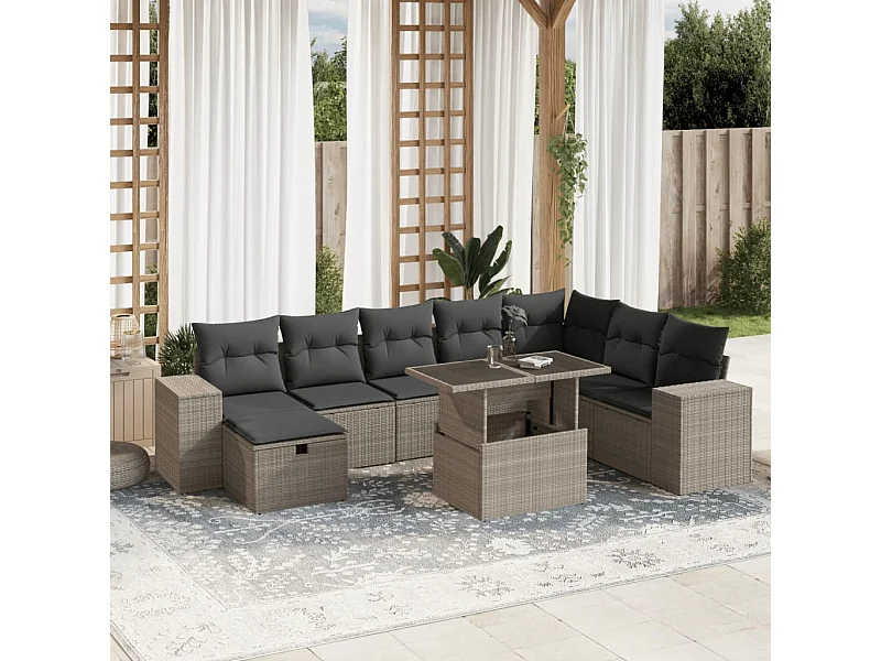 Salon de jardin 9 pièces avec coussins gris clair résine tressée