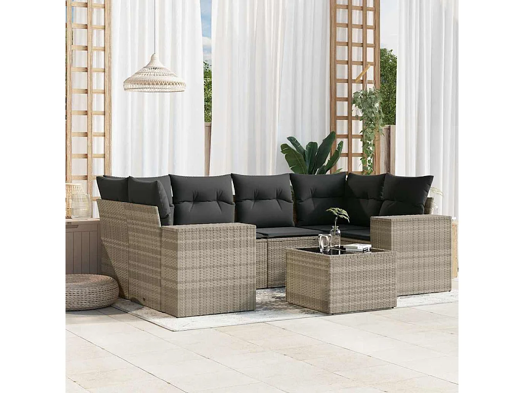 7-delige Loungeset met kussens poly rattan lichtgrijs