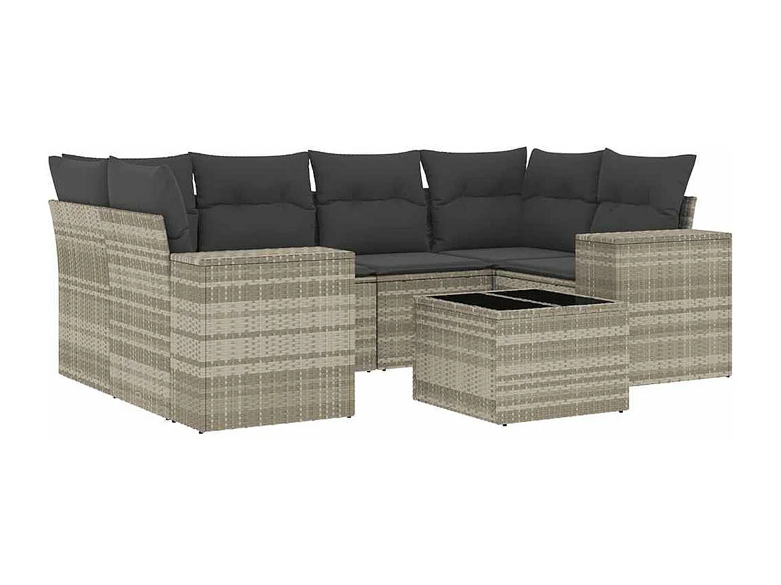7-delige Loungeset met kussens poly rattan lichtgrijs