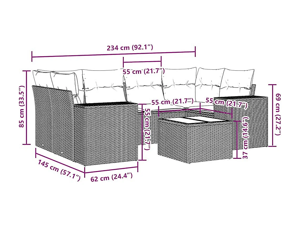 7-delige Loungeset met kussens poly rattan lichtgrijs