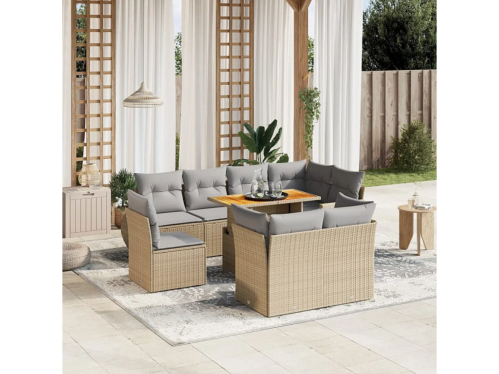 Set de sofás de jardín 9 piezas con cojines ratán sintético beige