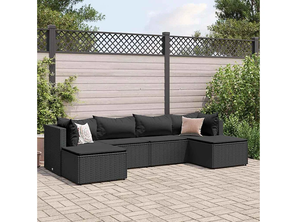 6-delige Loungeset met kussens poly rattan zwart