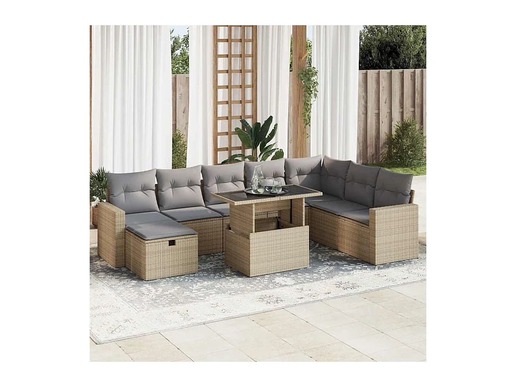 9-delige Loungeset met kussens poly rattan beige