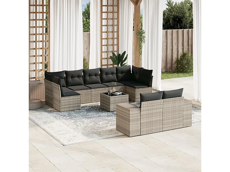 Salon de jardin avec coussins 10 pièces gris clair résine tressée