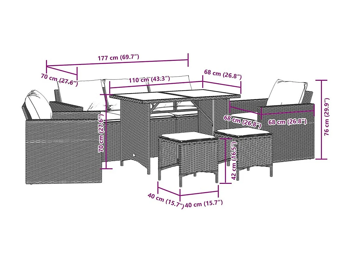 Salon de jardin 6 pièces avec coussins noir résine tressée
