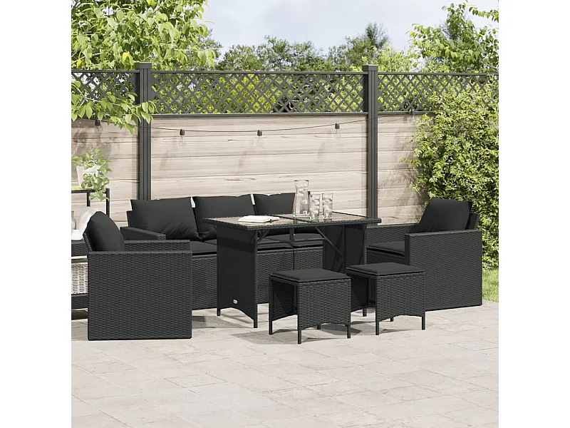 6-delige Loungeset met kussens poly rattan zwart