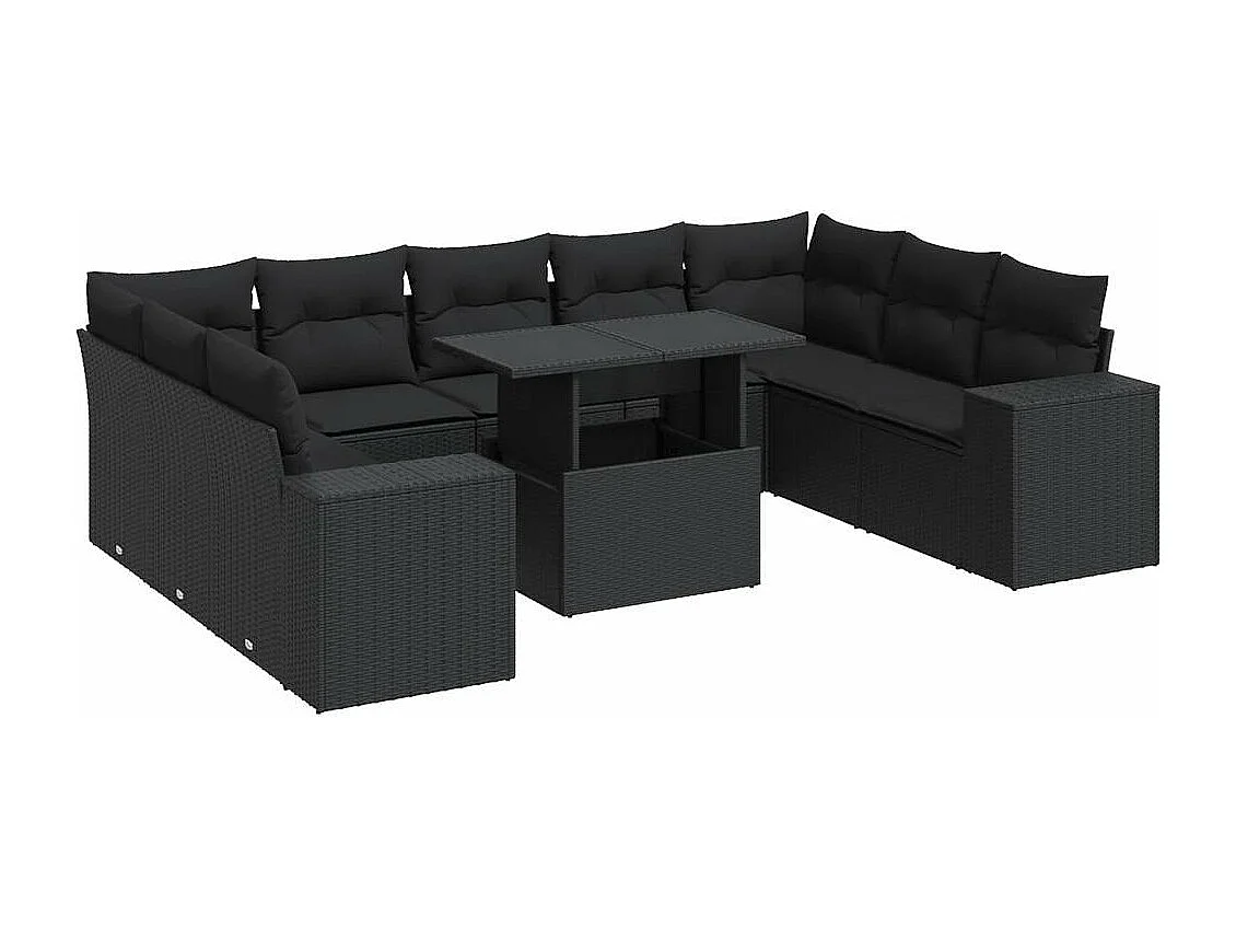 10-delige Loungeset met kussens poly rattan zwart