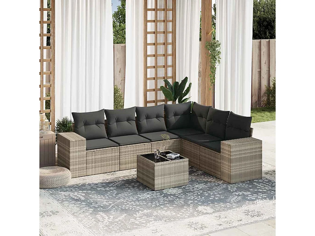 Set de sofás de jardín 7 piezas con cojines ratán PE gris claro